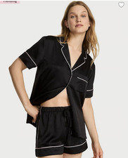 Victoria's Secret Satin Collared Button Pajama Set Embroidered Black S