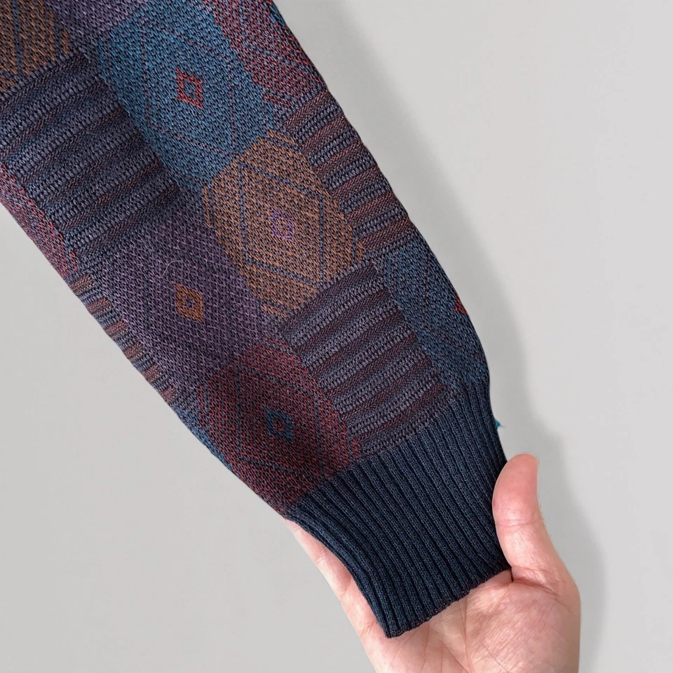 90s Wool Blend Dark Academia Grandpa Sweater Grunge Geometric Jacquard Knit XL - Image 3 of 4