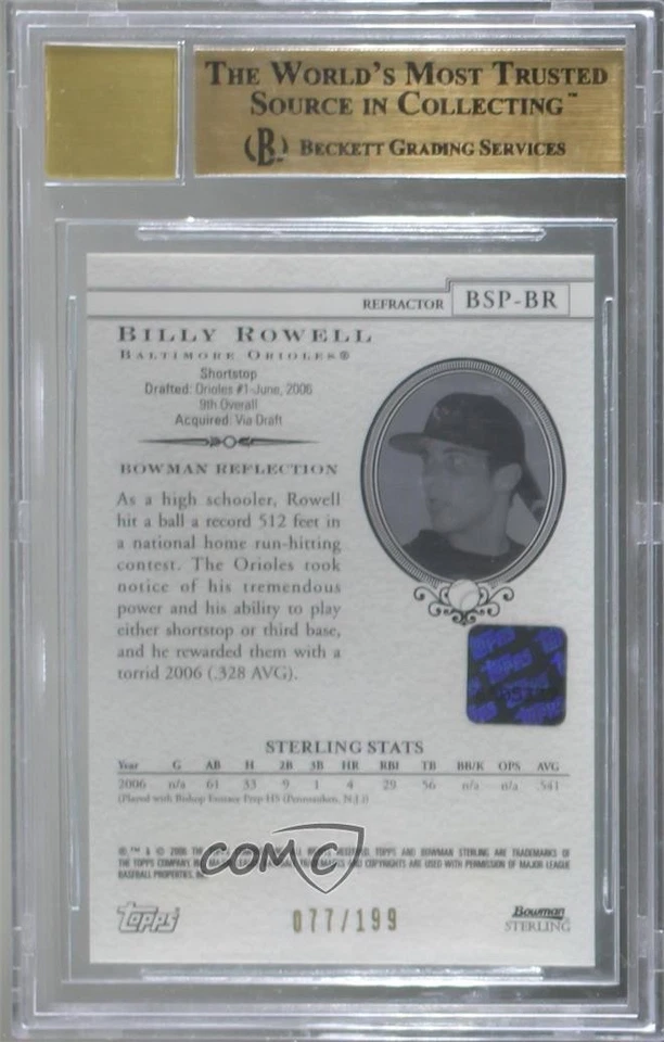 2006 Bowman Sterling Prospects Refractor /199 Billy Rowell BGS 9.5 GEM MINT Auto - Image 2 of 2