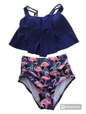 Navy Top  Multicoloured Bottoms With Flamingoes Size M Padded Bikini BN