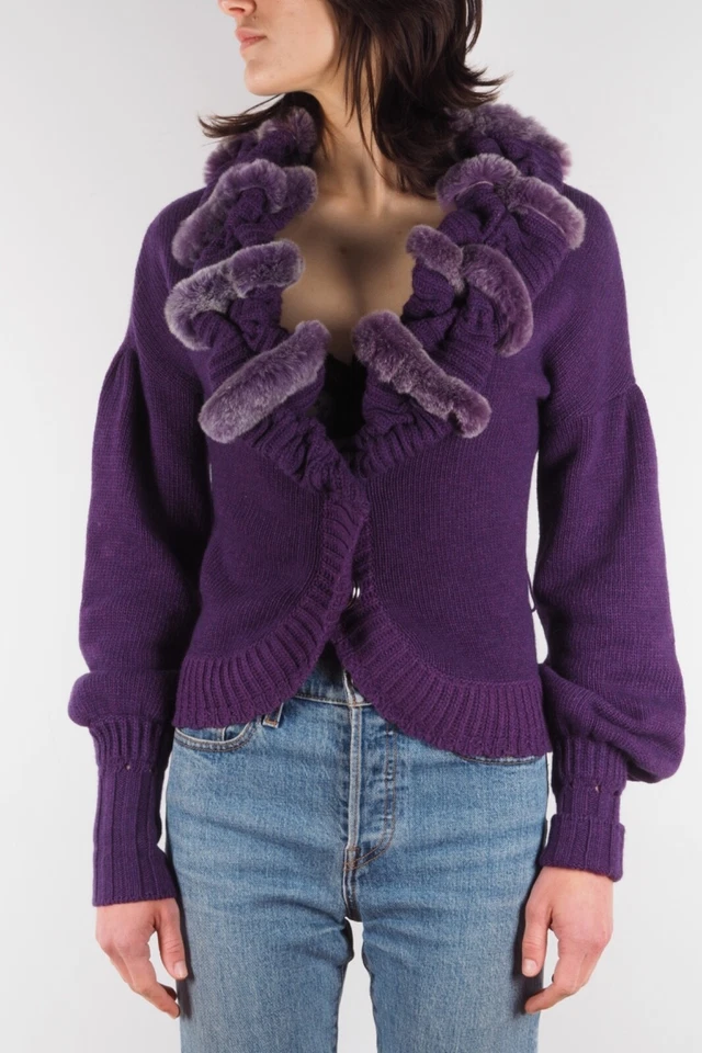 Cardigã Roberto Cavalli Class Vintage Feminino Suéter de Pele Roxa tamanho IT42 US8 - Imagem 3 de 4