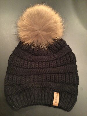 Furtalk Black Knit Outdoor Beanie Hat W Brown Pom Pom One Size