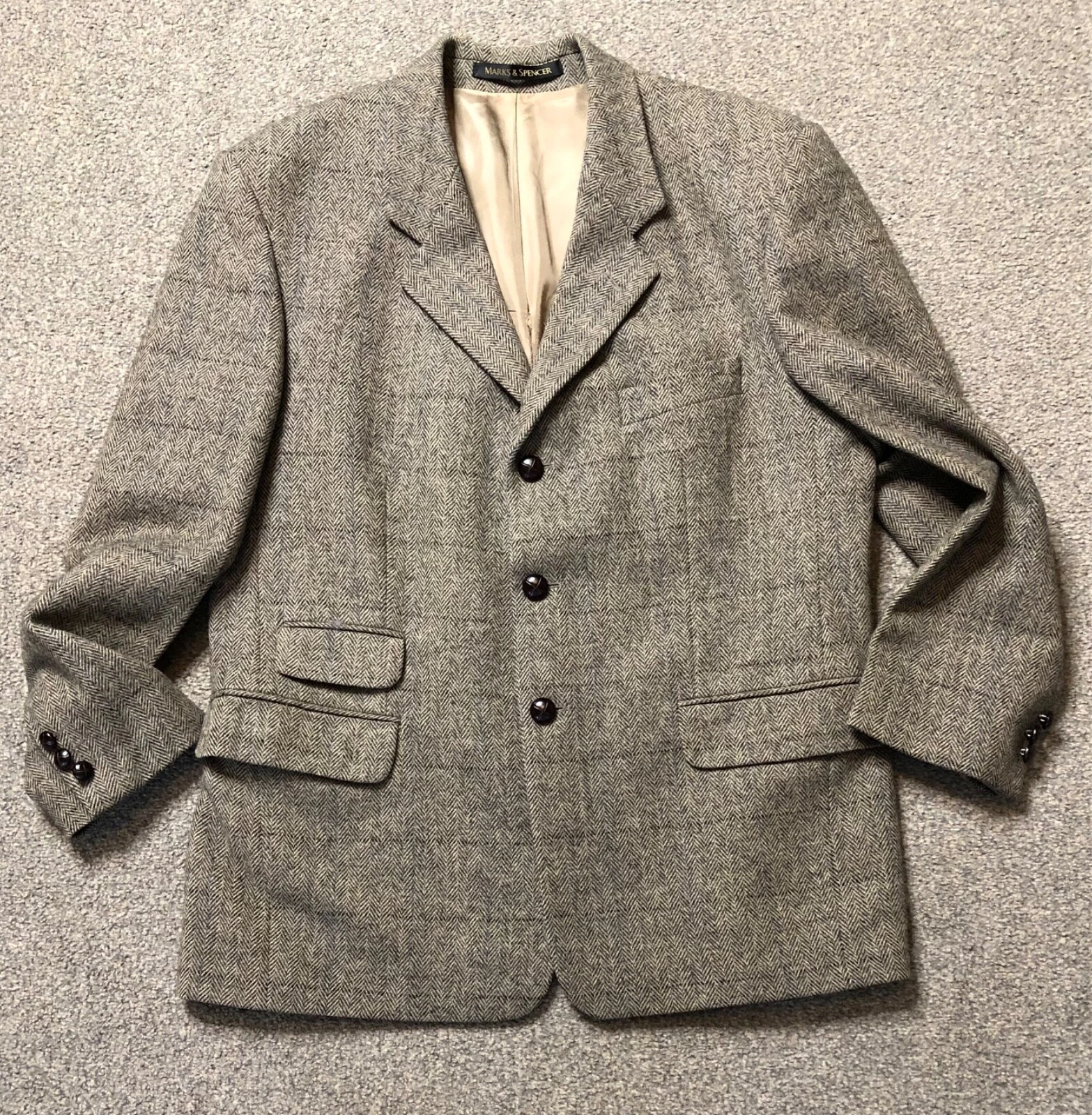 MARKS SPENCER Mens Blazer Vintage Brown Wool fine Herringbone UK chest 40