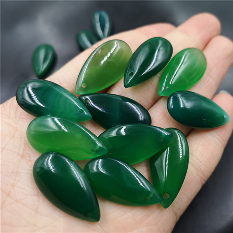 5Pcs Natural Green Chalcedony Agate Double-Faced Water Drop Jade Pendant Gift