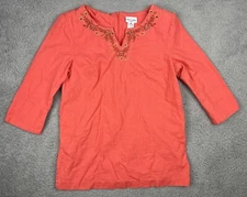 Miss Dorby Top Womens 14 Shirt Linen Blend Shoulder Pads Embroidery Coral Boho