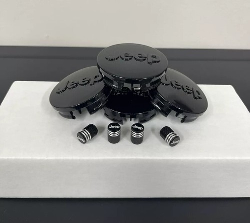 Jeep Wheel Center Caps & Tire Valve Caps Black Fits Wrangler Cherokee Compass - Picture 3 of 9