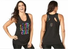 Zumba Forever Loose Tank Top Metallic Rainbow Print - Black size XS (B209)