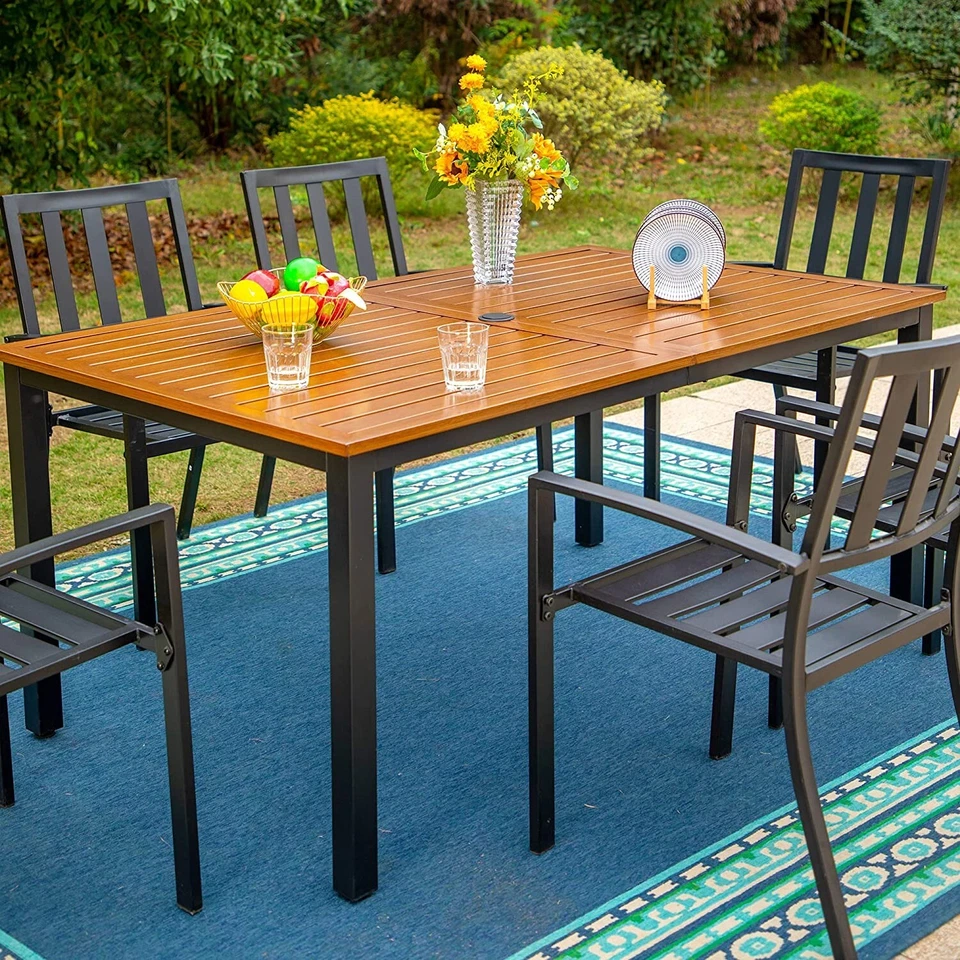 Juego de mesa y sillas de patio de comedor exterior de 7 piezas mesa de 65" con orificio para sombrilla Foto 2 de 4