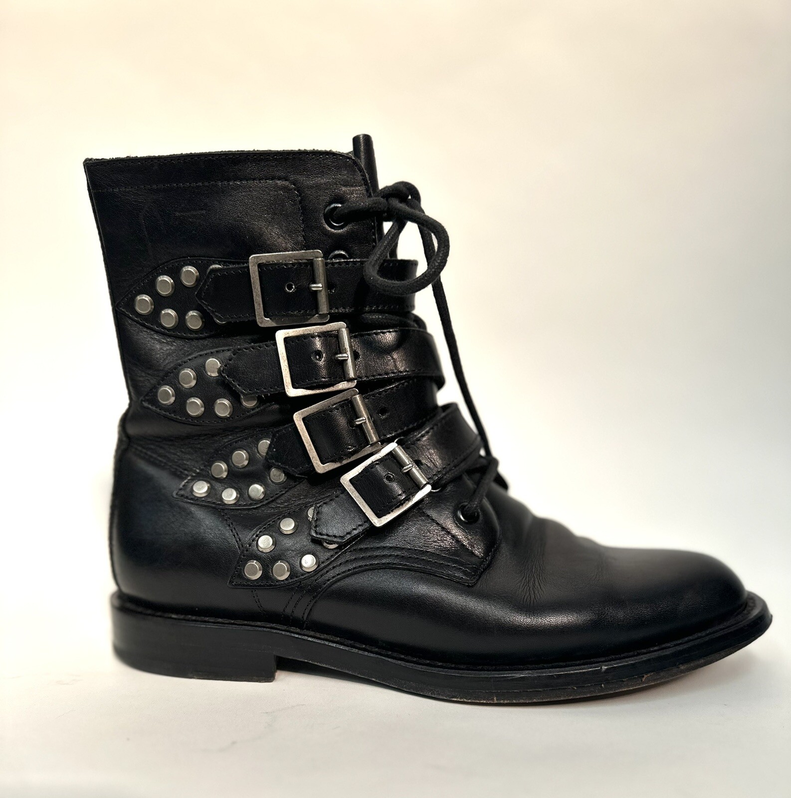 Stivali da combattimento Saint Laurent Ranger in pelle con cinturino donna EU 40 borchie nere