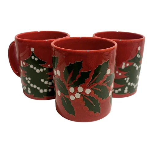Waechtersbach Mugs W. Germany Red Christmas Tree and Holly AS IS Set Of 3