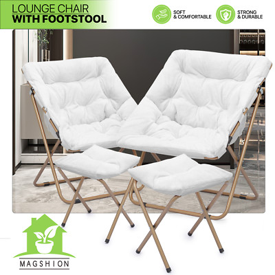 2-Piece Saucer Chair White Soft Faux Fur Oversized Seat w/Folding Footrest Stool