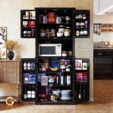 72" Tall Kitchen Pantry Storage Cabinet with Microwave Stand 4 doors Black