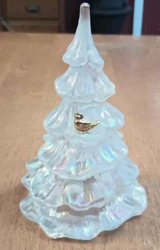 Vintage Fenton Glass Iridescent Christmas Tree + Gold Bird