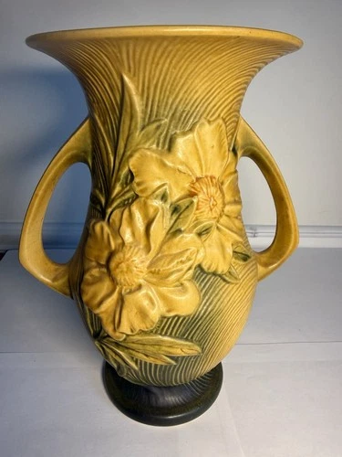 Roseville Peony Large Double Handled Vase Vintage 1940s