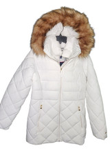 NWT Tommy Hilfiger Women White Petite Hooded Faux Fur Trim Puffer Coat S 265