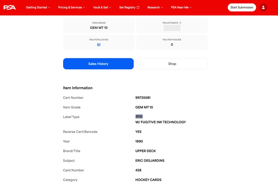 Eric Desjardins RC PSA 10: 1990-91 Upper Deck Rookie Card #428 - Image 3 of 3