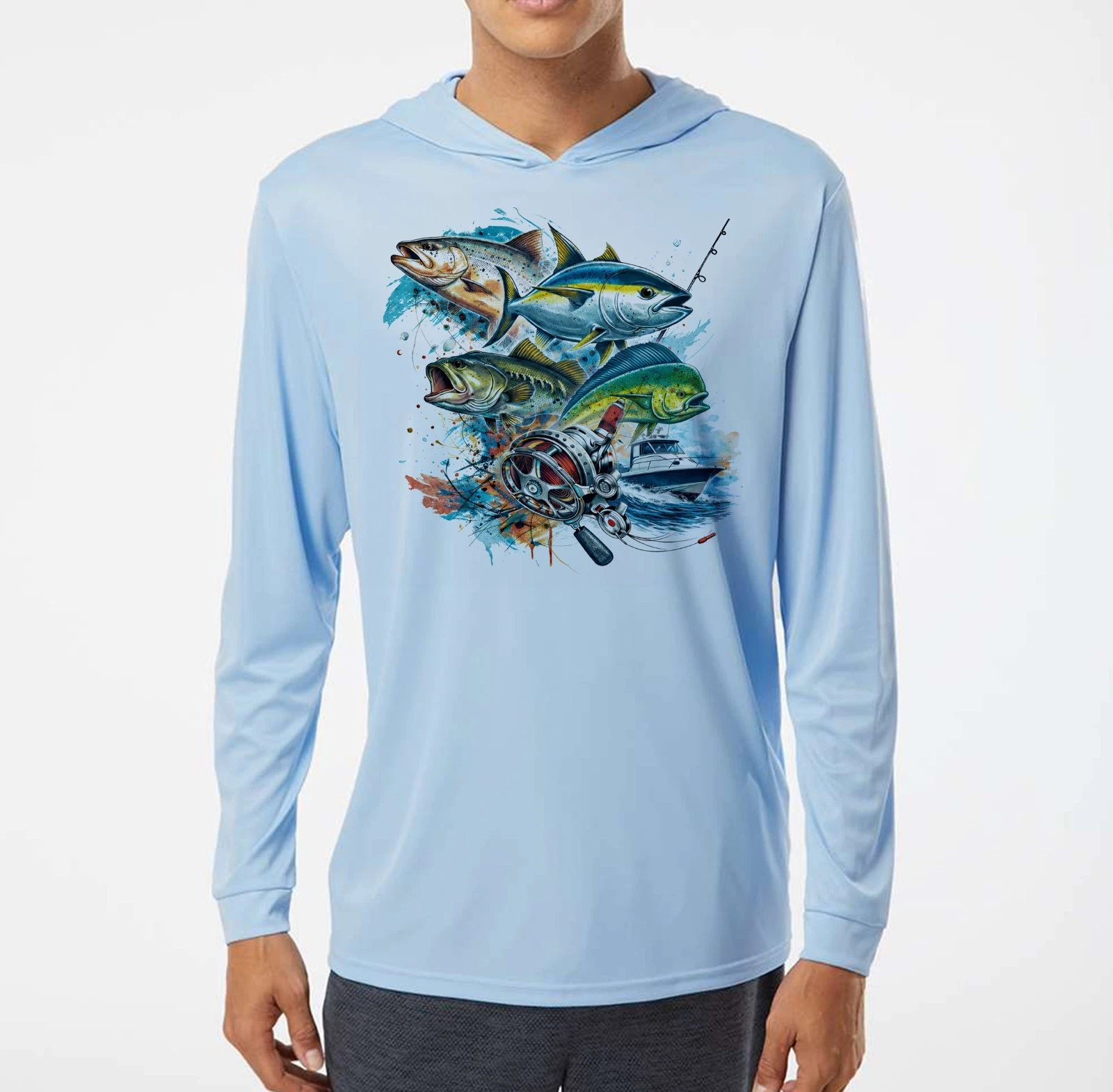 Fishing Boat Capitan Fish Sport UV Protected UPF 50 Long Sleeve T-Shirt Hood Sun