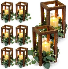 18 Pcs Rustic Wooden Lanterns with Eucalyptus Wreaths LED Candles
