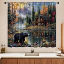 Rustic Bear Blackout Curtains, Retro Forest Animal Lake Wildlife Pattern Drap...