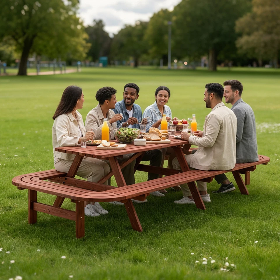 Round Outdoor Wooden Picnic Table For 14-16 People With Benches And Parasol - Image 2 of 4