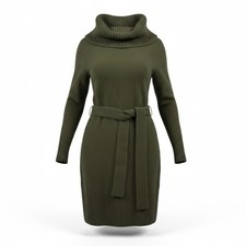 Moda International Wool Sweater Dress Cowl Neck Olive Green Small Belted Preppy