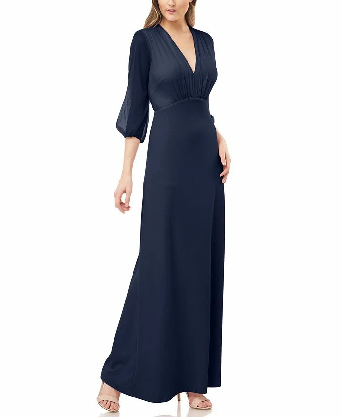 K258029U2 Red Carpet Stretch Sequin Fit & Flare Gown with Twisted V-Neckline  Design and Fitted three-quarters Sleeves