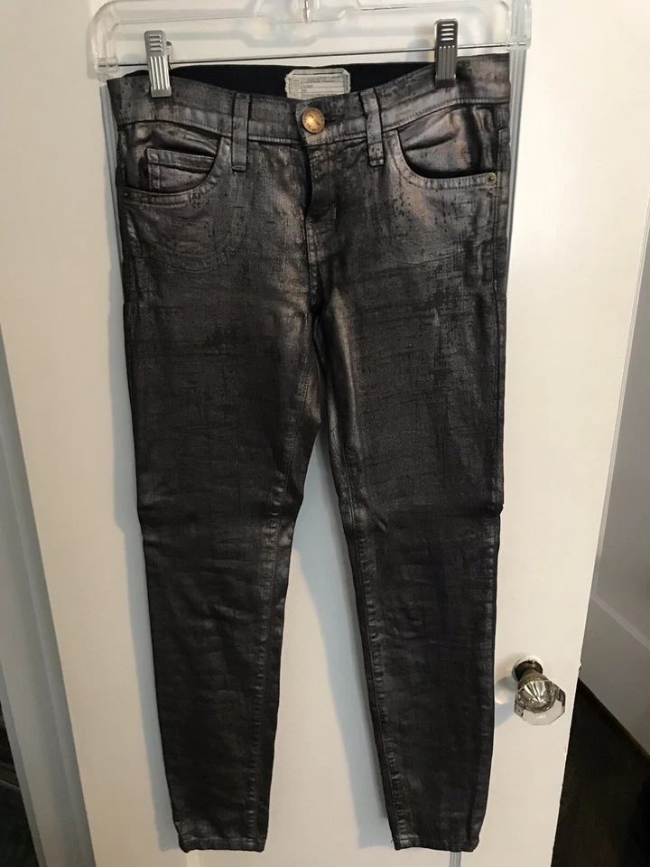 Pantalones de mezclilla ajustados Current Elliott grises recubiertos de plata de algodón talla 24 $998 Foto 3 de 4