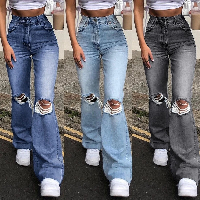 Womens Ripped Denim Jeans Slight Flared Pants Bottoms Trousers Distressed  Casual