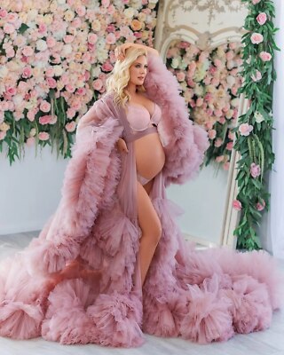 Maternity Robes Long Tulle Bathrobe Dresses PhotoShoot Birthday Fluffy  Sleepwear | eBay