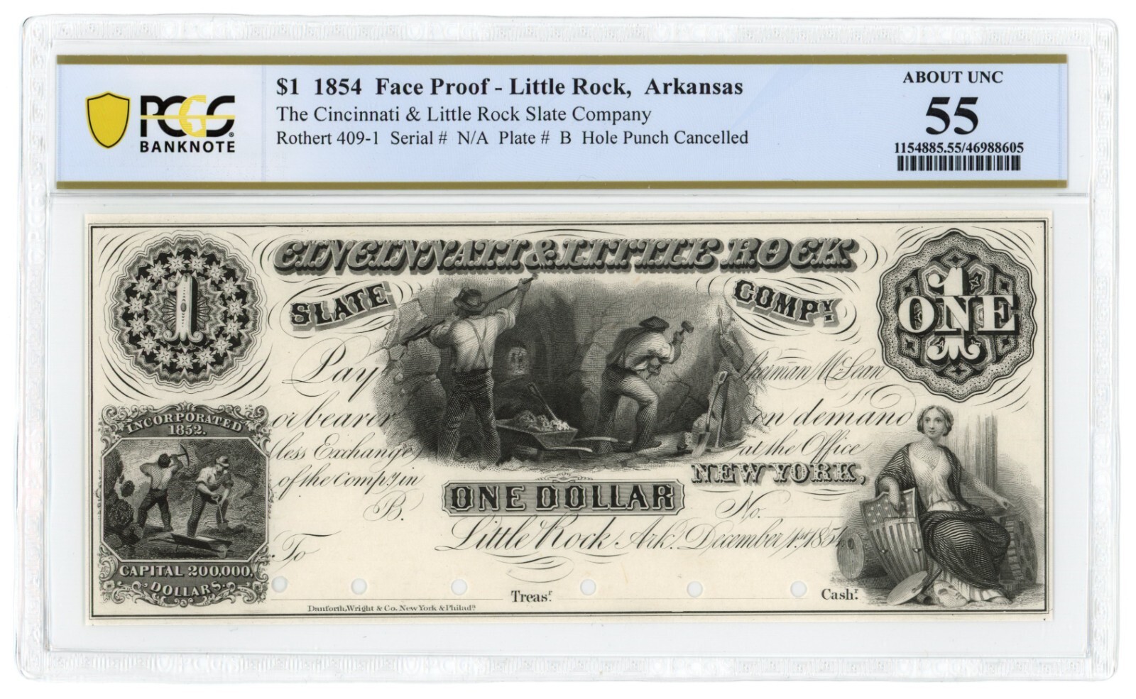 1854 Cincinnati & Little Rock Slate Co., Little Rock, AR 1 Proof Note