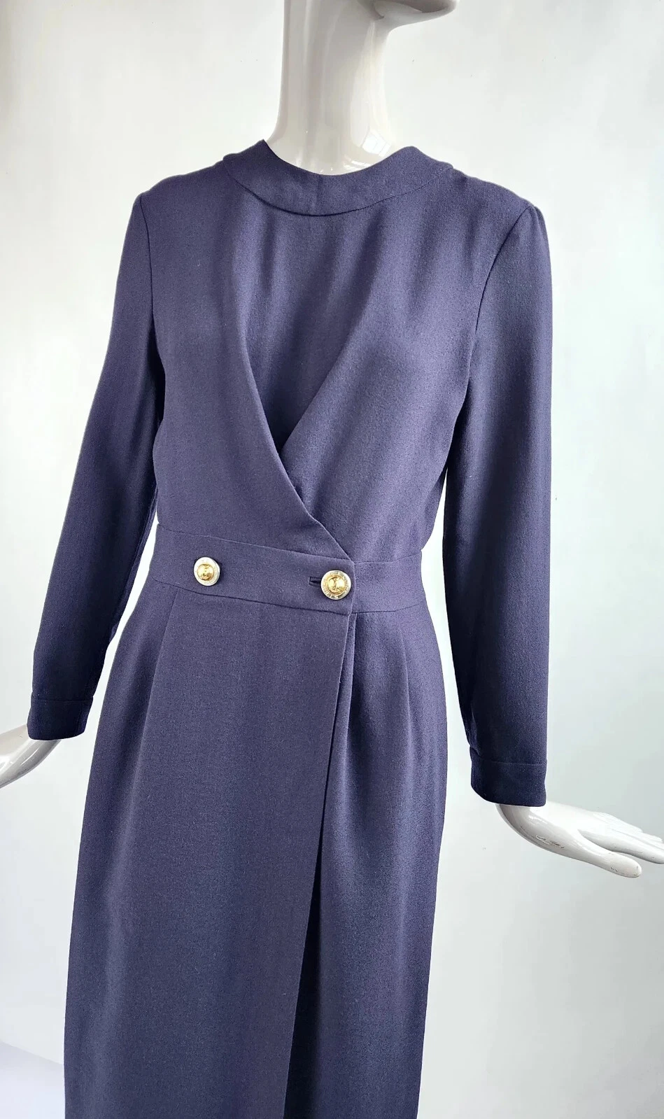 Abito vintage Celine Paris anni '90 lana blu navy crepe con bottoni con logo