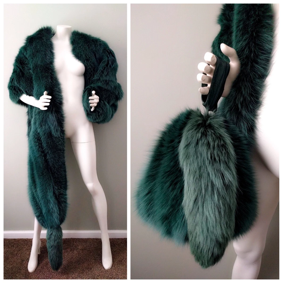 Vintage Claude Montana Avant-Garde Green Fox Fur Bolero Wrap Stole Cape S M L