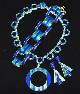Superb RARE CINER Indigo BLUE and Emerald GREEN Enamel MODERNIST Art Deco Set