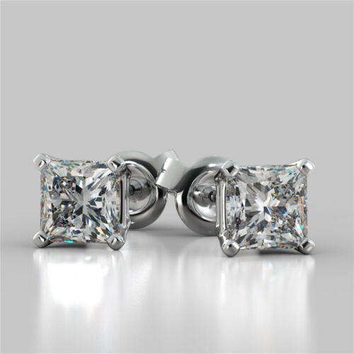 14K YELLOW OR WHITE GOLD STUD EARRINGS LAB CREATED PRINCESS CUT DIAMOND FLAWLESS - Picture 7 of 8