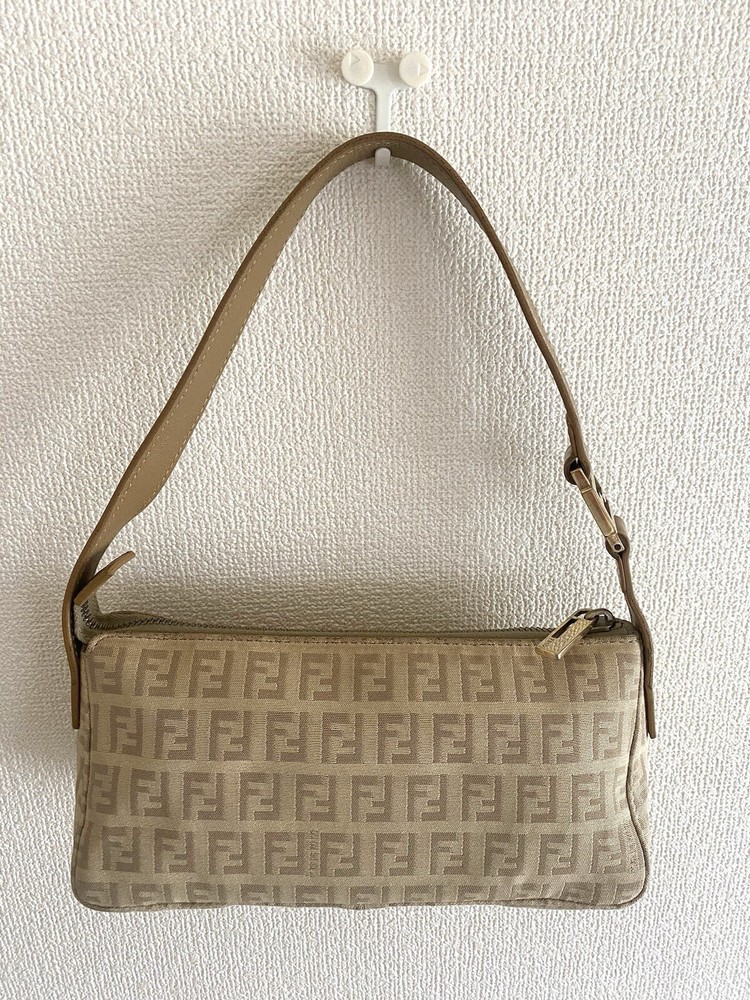 FENDI Zucchino Canvas Leather Mini Handbag Accessory Pouch Light Beige 8BR443
