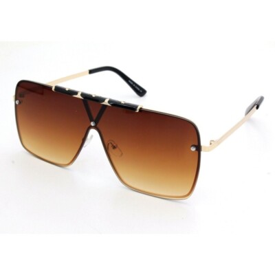 Oversized Shield Sunglasses Brown Lens Gold Accents Fashion Designer Shades New