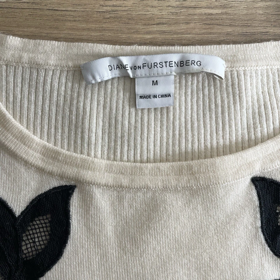 Diane von Furstenberg Shana Lace Sweater Ivory Black Women’s Medium Wool Blend - Image 4 of 4