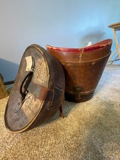 Brown Leather Hat Box Curved Top with three top hats