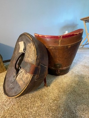 Brown Leather Hat Box Curved Top with three top hats