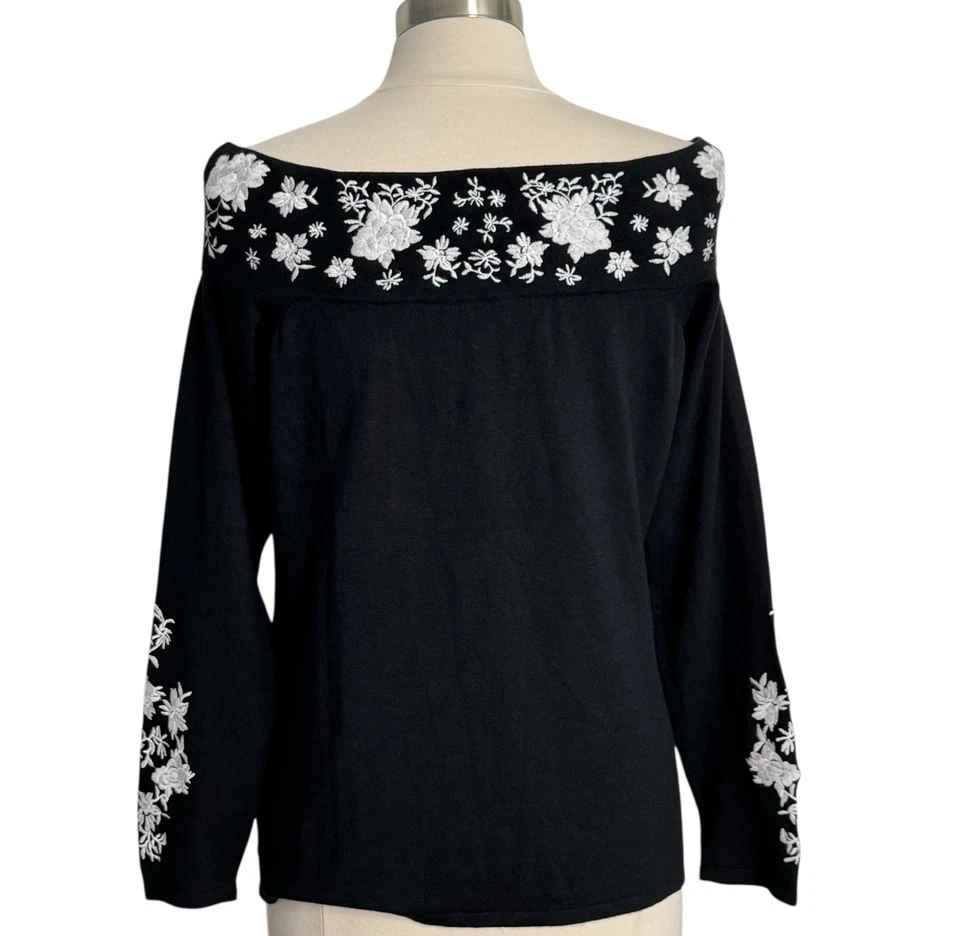 Suéter para mujer INC bordado fuera del hombro negro blanco floral XL tejido Top Foto 2 de 4