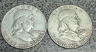 LOT OF 2 - 1950 D 1960 D 50C FRANKLIN SILVER HALF DOLLARS - 90% SILVER AS SHOWN