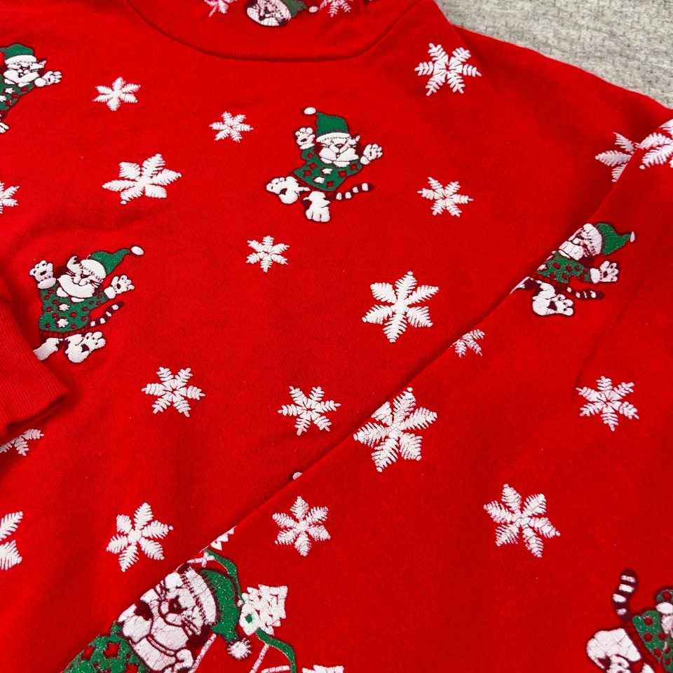 Suéter Vintage Navidad Mujer Grande Rojo Sudadera Años 80 90 AOP EE. UU. Gato Nieve Foto 4 de 4
