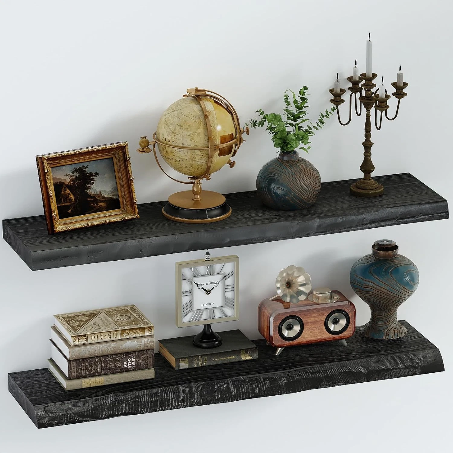 Live Edge Elm Wood Floating Shelves - Set of 2, 36 Inch Wall Mounted Storage