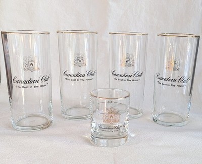 Vintage / Collector Canadian Club Barware Set- Gold Rim 4 Glasses 1 Shot Glass