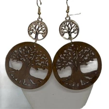 NWT Tan Wood Gold-Tone Tree of Life Laser Cut-Out Dangle Earrings