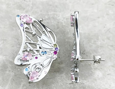 ButterFly Stud Earrings Pear Pink Gemstone 925 Sterling Silver White