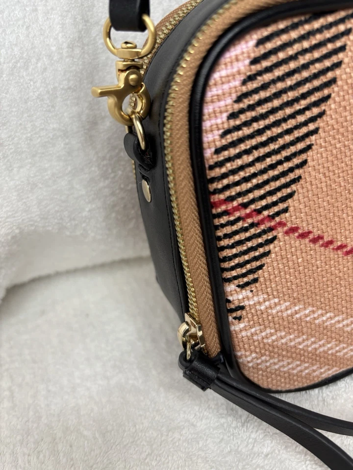 Spartina 449 Plaid Pink Black Tan Camera Bag 2-Zip Comp. Crossbody Linen Leather - Image 3 of 4