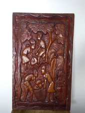 Vintage Wood Carved Wall Plaque Folk Art Rustic village scene 22"x13" Large RARE