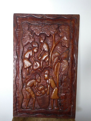 Vintage Wood Carved Wall Plaque Folk Art Rustic village scene 22''x13'' Large RARE