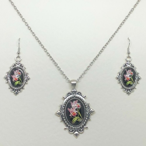Juego de Collar Cameo Negro PLATA BOTÁNICA P MONTURAS FLOR DE ORQUÍDEA ROSA VICTORIANA - Imagen 5 de 9